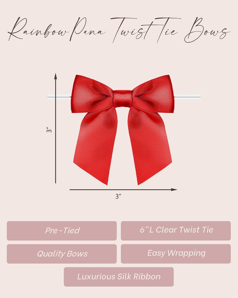 Rainbow Pana RainbowPana 60 Pack Christmas Luxury Twist Tie Bows  Red 3"" Satin Ribbon Pretied Bows  Premade Craft Decoration for Package Cake Pop Basket Favors Cookie Candy  Gift Wrapping Baby Shower Wedding - Image 2